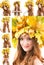 Beautiful fall woman. Collage of portrait of girl with autumn wreath of maple leaves on the head