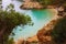 The beautiful and famous bay of cala saladeta of ibiza seen from above or rocky inlet between the rocks and the vegetation of the
