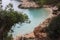 The beautiful and famous bay of cala saladeta of ibiza seen from above or rocky inlet between the rocks and the vegetation of the