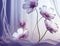 Beautiful fantastic lilac flowers on a light morning window curtain background, ai generation