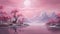 Beautiful fantastic monochrome pink and purple landscape. Serene water surface, exotic trees, mountains and huge full