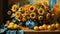 Beautiful fantasy painting of bouquet of sunflowers in a clay jug vase. On minimal dark background.