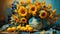 Beautiful fantasy painting of bouquet of sunflowers in a clay jug vase. On minimal dark background.