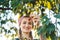 Beautiful farmer woman harvesting cherries from a tree