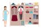 Beautiful fashion lady and women`s wardrobe. Vector women`s dressing room design. Clothes and shoes on hangers.