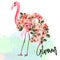 Beautiful fashion vector illustration with pink flamingo and ros