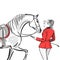 Beautiful fashion woman with english equestrian sport hunting style red jacket and horse with saddle.