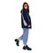 Beautiful fashionable young woman in casual outerwear. Stylish warm seasonal wear. Modern female character in blue stylish coat, p