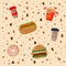Beautiful fast food background. Vector illustration of food on the run Hot Dog, Coffee, French Fries, Hamburger, Donut