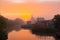 Beautiful fawn sunrise over the river. Morning in Vilkovo