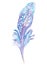 Beautiful feather of fairy bird in blue and lilac colors isolated on the white background. Watercolor illustration