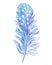 Beautiful feather of phoenix in blue and lilac colors isolated on the white background. wWatercolor illustration