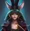 Beautiful female anthropomorphic therianthrope with rabbit ears , human mad hatter