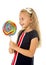 Beautiful female child with long blond hair holding huge spiral lollipop candy smiling happy