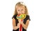 Beautiful female child with long blond hair holding huge spiral lollipop candy smiling happy