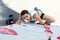 Beautiful female Climber moving up on vertical climbing Wall