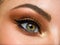 Beautiful female eye with brown, shiny makeup. Fashionable brown makeup. Macro image of a woman`s eye