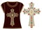 Beautiful female fashion print t-shirt Jesus Christ. Vintage gold ornate christian cross brilliant stones. Rhinestone applique.