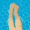 Beautiful female foot in swimming pool background