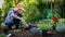 Beautiful female gardener wearing straw hat planting flowers in her garden. Gardening concept.