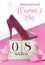 Beautiful female icon pink high heel shoe with vintage shabby chic wood calendar for March 8, International Womens Day