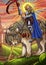 A beautiful female knight with a huge lance and curly hair sits astride a huge armored wolf, which looks curiously at the viewer.