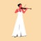 Beautiful female musician in long white dress playing violin. Flat vector illustration of a woman performing solo on