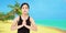 Beautiful Female With Namaste Hands Korean Woman Meditation On The Beach Sea - Summer Concept