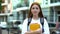 Beautiful female university student with backpack holding copybooks in big city