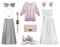 Beautiful feminine clothes set isolated on white. Pink grey colors clothing collection. Female apparel and accessories