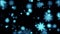 Beautiful festive bokeh effect, blue christmas new year snowflakes shining falling glowing with blur effect on black background.