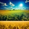 beautiful  of a field of ripe wheat against the blue sky, generative ai