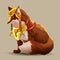 A beautiful fighting fox sits. A fox in beautiful golden armor. Fantasy animal. The wise fox looks ahead. Vector Cartoon character