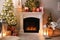 Beautiful fireplace, Christmas tree and other decorations in living room