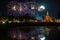 Beautiful Firework Reflection Over Old Pagoda Loy Krathong Festival Sukhothai Thailand Amazing Historic Town