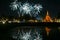 Beautiful Firework Reflection Over Old Pagoda Loy Krathong Festival Sukhothai Thailand Amazing Historic Town