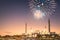 Beautiful fireworks above Sheikh Zayed Grand Mosque at sunset Abu-Dhabi, UAE