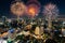 Beautiful fireworks celebrating loy krathong festival or New year along Chao Phraya River in Bangkok, Thailand