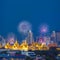 Beautiful fireworks with grand palace and bangkok city in background