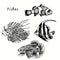 Beautiful fishes collection, Clownfish, red lionfish, schooling bannerfish, siamese fighting fish. Ink black and white doodle