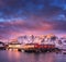 Beautiful fishing village with boats at sunrise