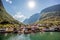 Beautiful Fishing village Undredal against mountain near the Flam in Norway