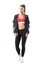 Beautiful fit active woman with perfect abs posing in sportswear with tracksuit jacket.