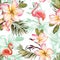 Beautiful flamingo and pink plumeria flowers on white background. Exotic tropical seamless pattern. Watecolor painting.