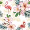 Beautiful flamingo and plumeria flowers on white background. Exotic tropical seamless pattern. Watecolor painting.