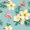 Beautiful flamingo and yellow plumeria flowers on blue background. Exotic tropical seamless pattern. Watecolor painting.