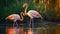 Beautiful flamingos walking in the water with green grasses background. generative ai