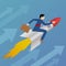 Beautiful flat design business vector metaphor of a businessman sitting on a rocket and heading upwards
