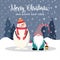 Beautiful flat design Christmas card with snowman and gnome