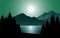 Beautiful flat design vector nature landscape with mountain, pines, and lake at night